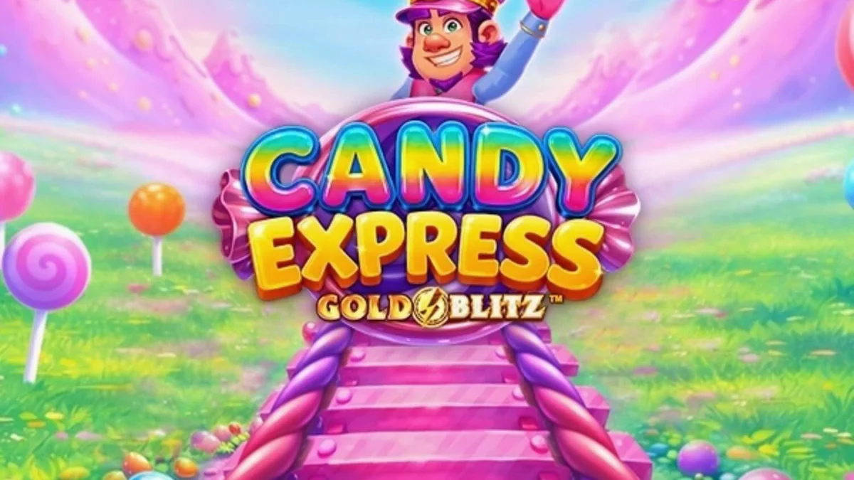 Candy Express Gold Blitz স্লট গেমের রঙিন ইন্টারফেস এবং ক্যান্ডি থিমযুক্ত ট্রেনের দৃশ্য